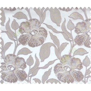 Large beige brown leaf and big flower with embossed look on khaki brown shiny fabric main curtain
